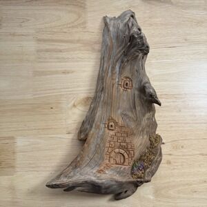 Hand Carved Driftwood Bark Fairy House Door Signed Wall Hanging VTG Leaich 1988